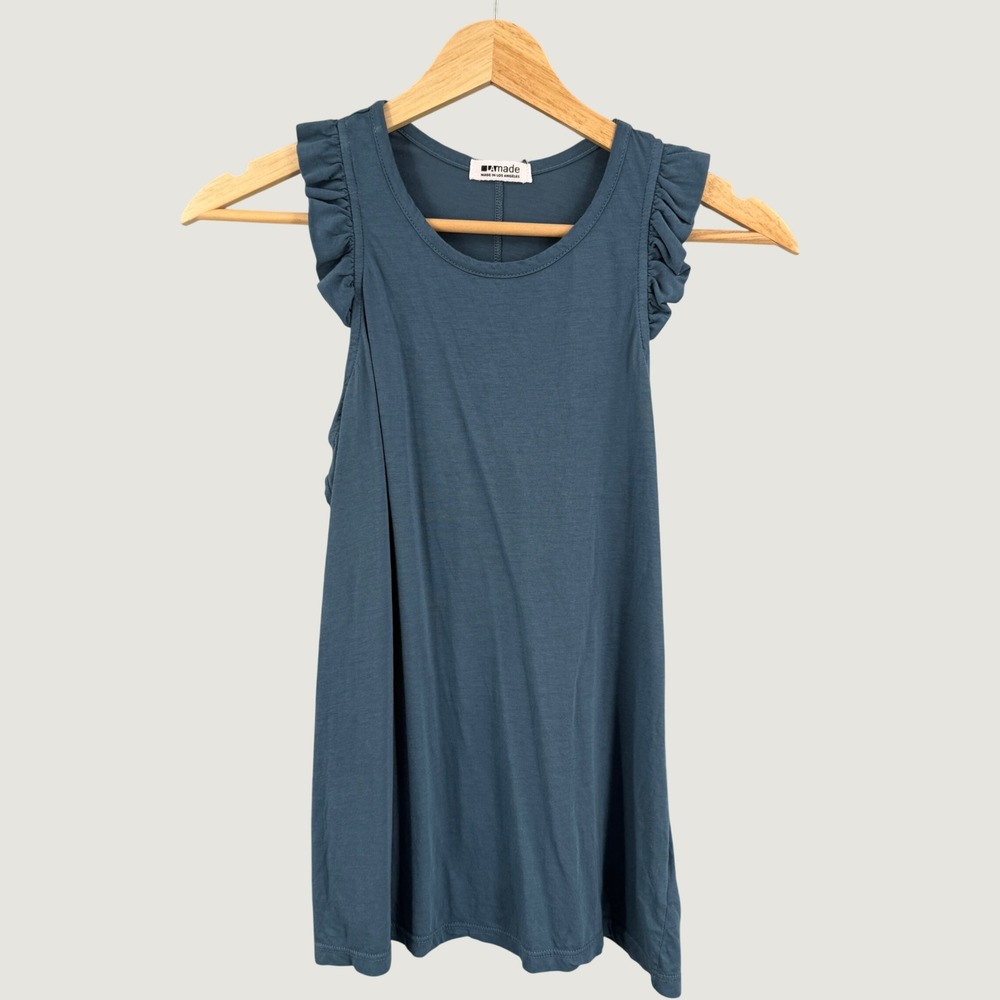 LA Made Blue Ruffle Sleeve Tank Top Size XS Supima Cotton Modal Made in USA
